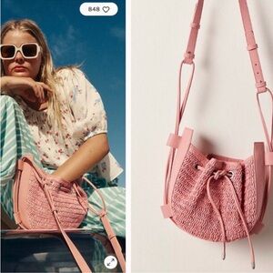Free People Cabana Woven Drawstring Crossbody Bag in Vintage Pink